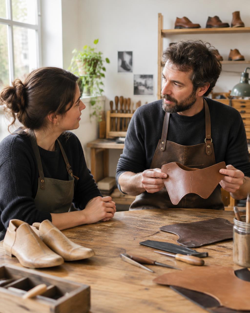 Two makers in conversation at a shoemaker's bench