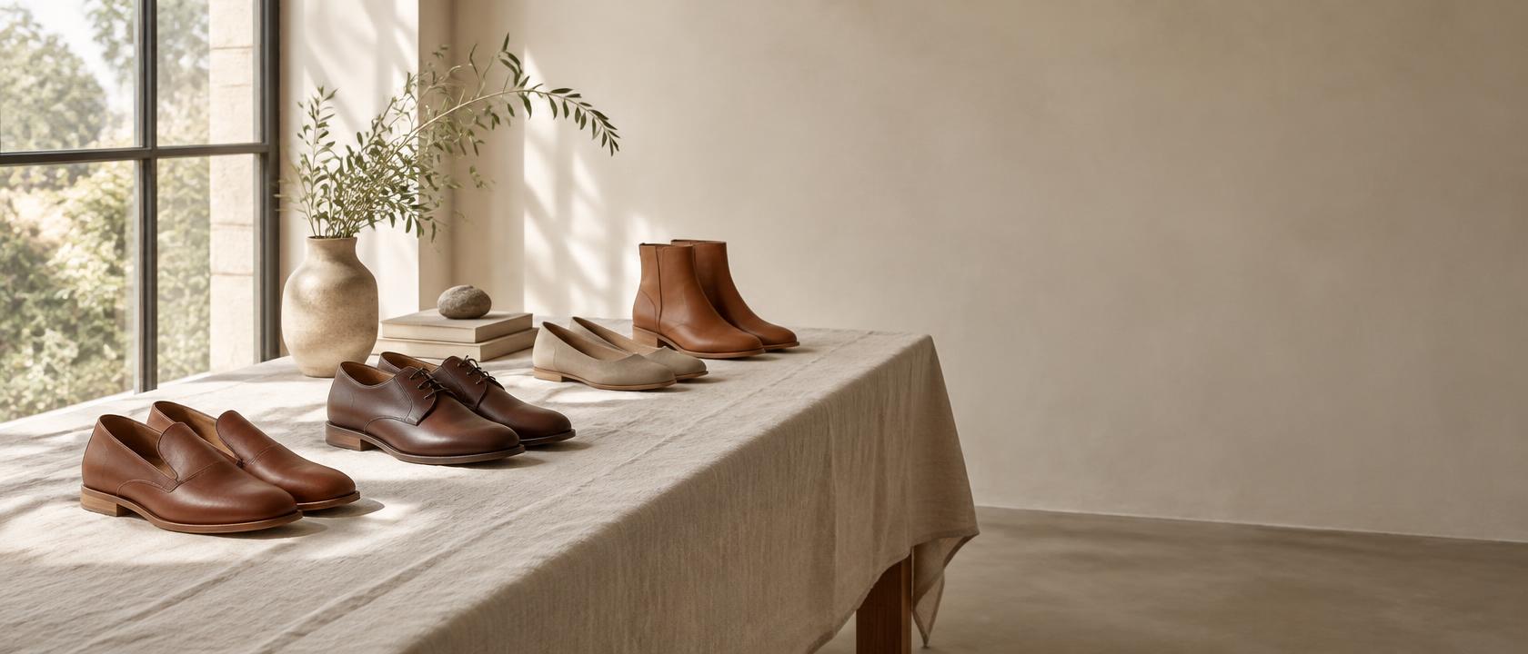 Casta: pair of handcrafted leather shoes on a linen surface