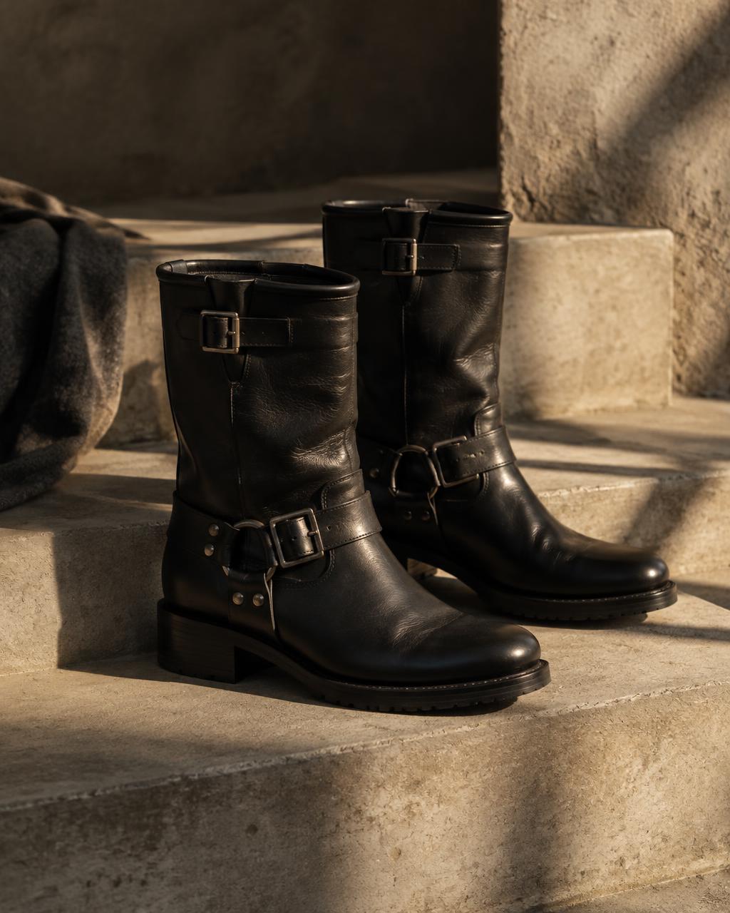Felmini: biker boots photographed on a concrete step