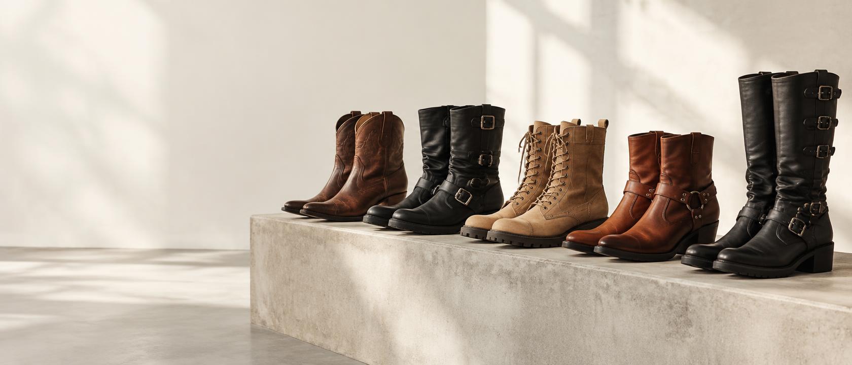 Felmini: biker boots photographed on a concrete step